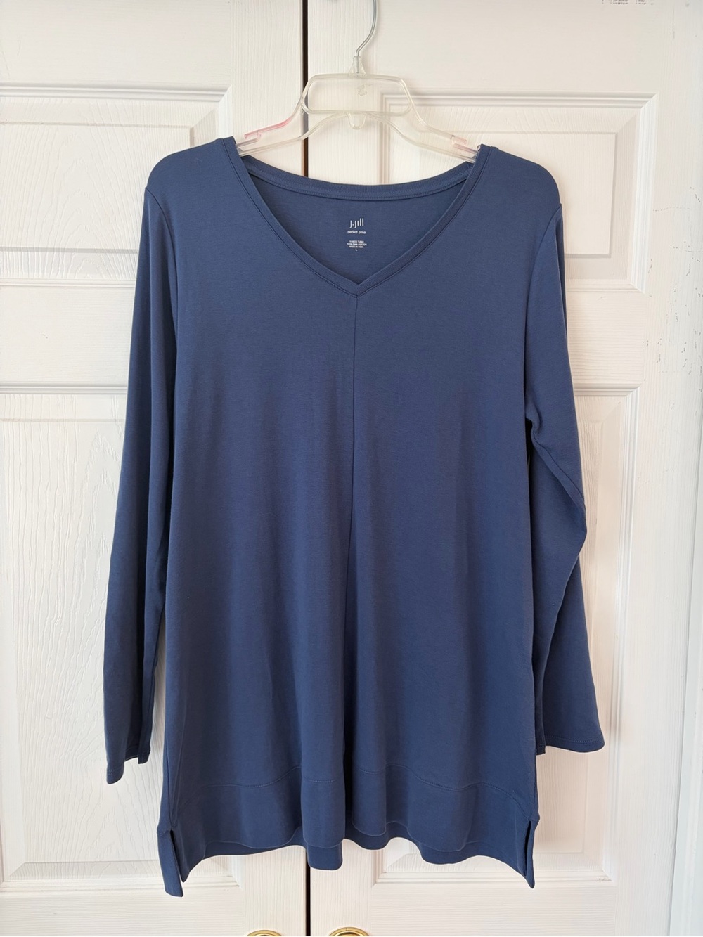 NWOT J.Jill Navy Blue Perfect Pima Cotton V-Neck Tunic Blouse Shirt Size L